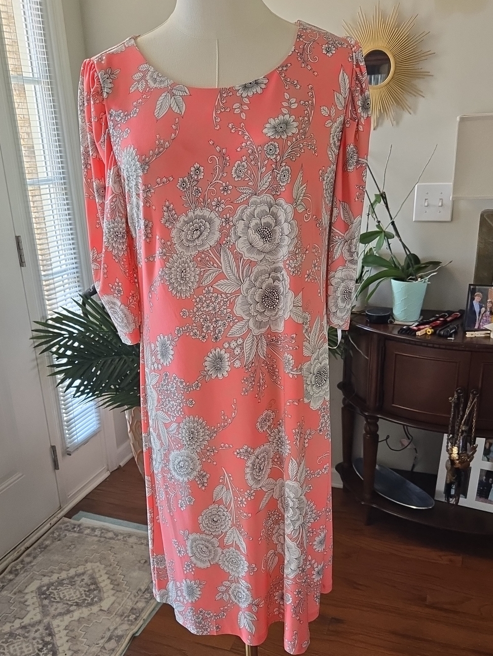 Tommy Hilfiger Coral Midi Dress with White & Gray Floral Print